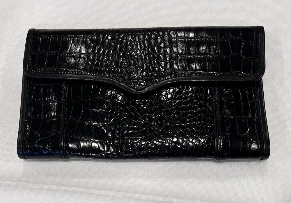 Rebecca Minkoff Large Black Embossed Leather Large Trifold Wallet Snap Closure